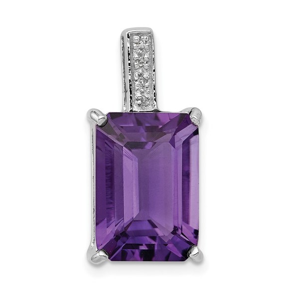 925 SterlingSilver Rhodium Emerald-cut Amethyst & Diamond Charm Pendant
